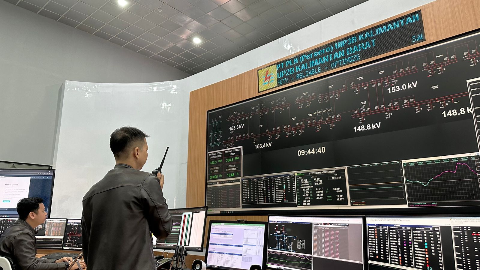 Pegawai PLN sedang berkoordinasi secara real time dalam memonitor stabilitas sistem kelistrikan di Unit Induk Penyaluran dan Pusat Pengatur Beban (UIP3B) Kalimantan pada Unit Pelaksana Pengatur Beban (UP2B) Kalimantan Barat. FOTO; ISTIMEWA. 