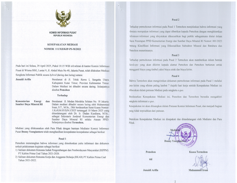 Kesepakatan mediasi KPI 111/XII/KIP-PS-M/2022 memutuskan dokumen RIPPM 2021-2026 dan RKAB 2021-2022 milik PT Kaltim Prima Coal terbuka untuk publik. FOTO: CONY HARSENO-KALTIMKECE.ID 