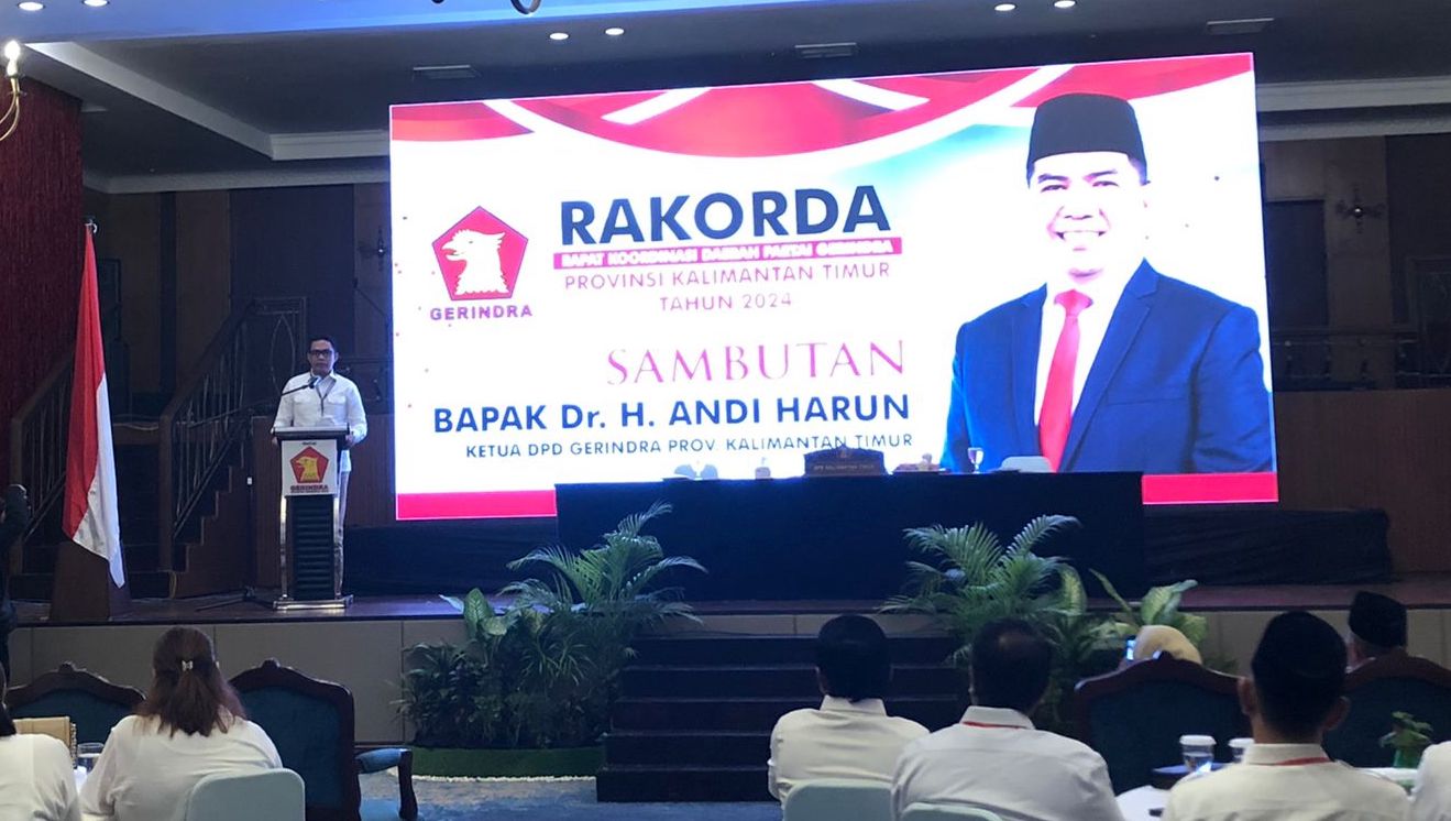 Andi Harun Andi Harun menyampaikan pernyataan dalam Rapat Koordinasi Daerah Partai Gerindra di Hotel Bumi Senyiur, Samarinda, Ahad, 12 Mei 2024. FOTO: MUHAMMAD AL FATIH