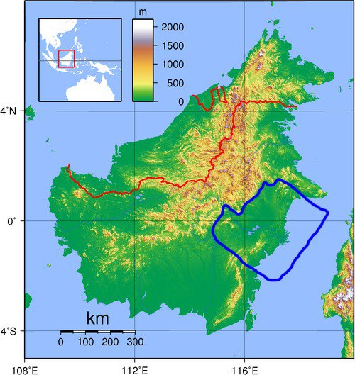Area cekungan sedimen Kutai (garis biru), wilayah batuan Kaltim cenderung lebih lunak. 