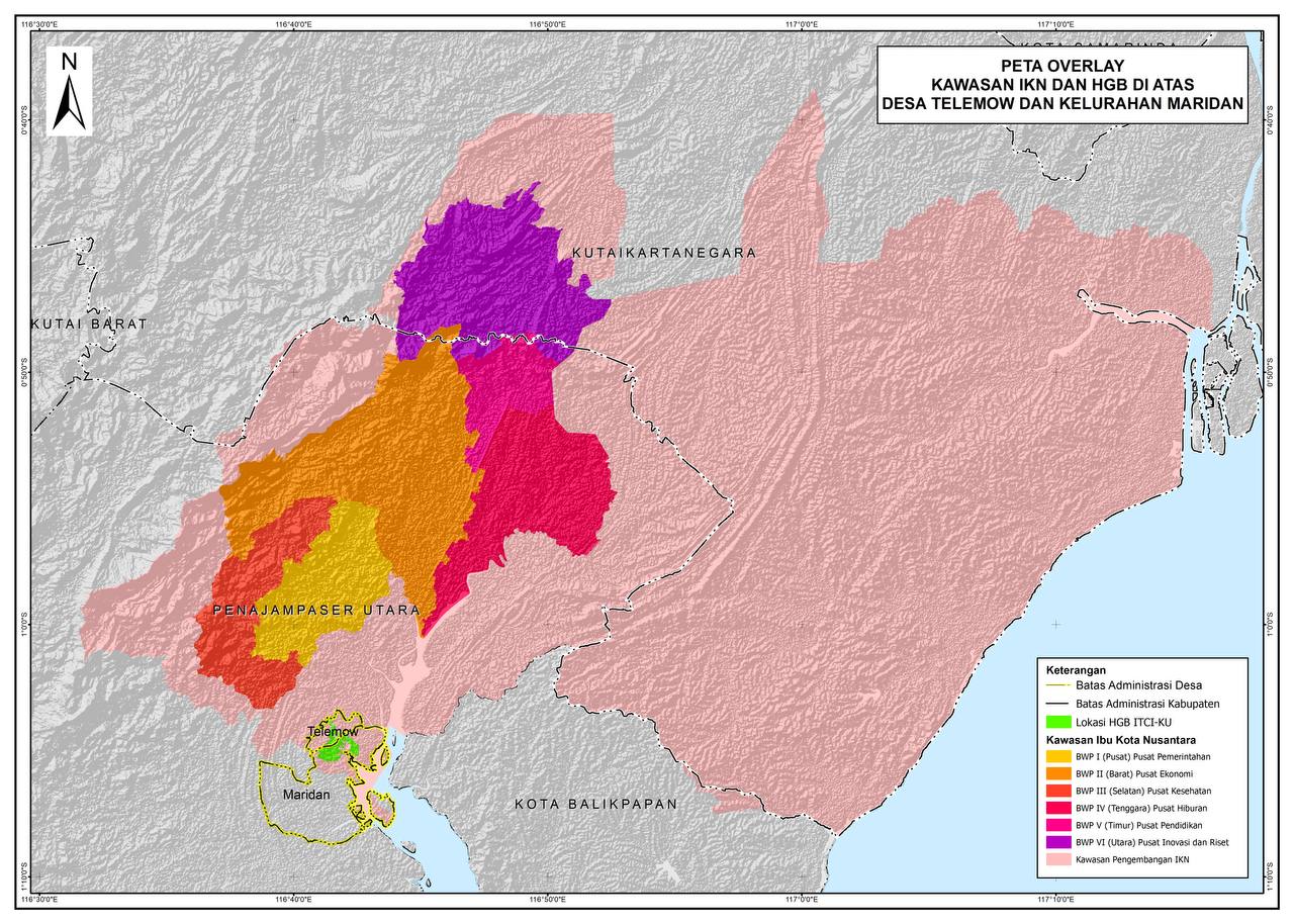 Analisis spasial Desa Telemow yang masuk HGB perusahaan dan area Ibu Kota Nusantara (warna hijau). SUMBER: WALHI KALTIM