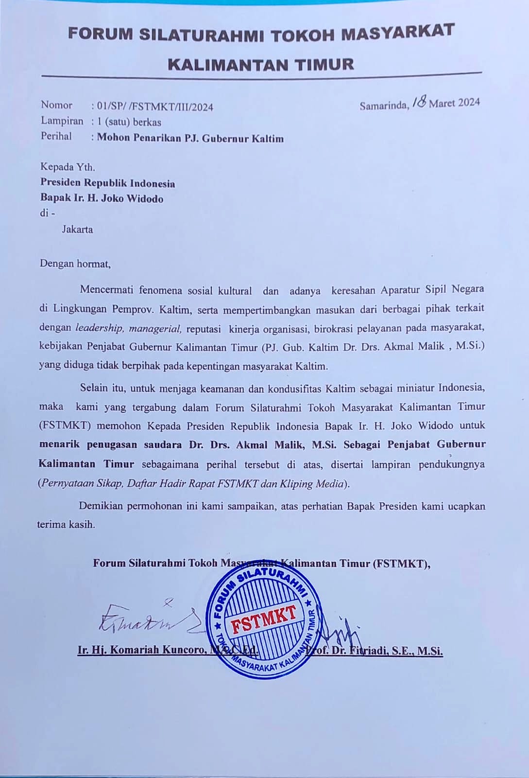 Surat FSTMKT kepada Presiden Jokowi. Meminta penarikan penugasan Pj Gubernur Kaltim. FOTO: ISTIMEWA