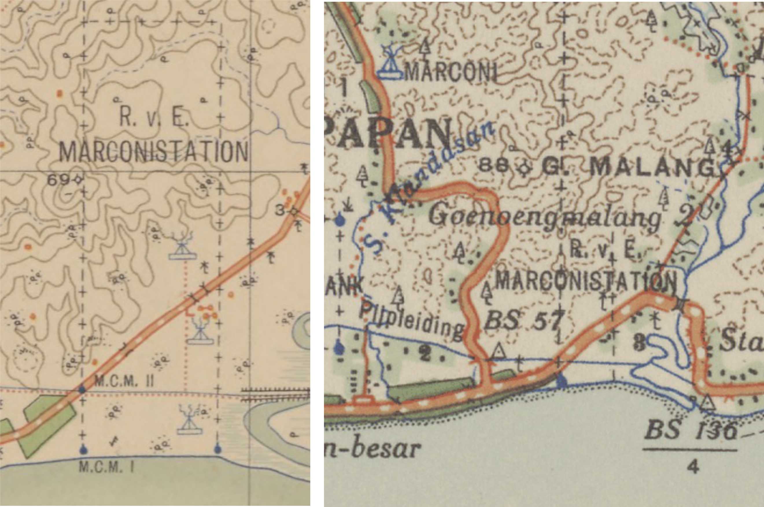 Foto kiri: tiga stasiun Marconi di kawasan Markoni pada 1932 ditandai lambang menara radio dengan gelombang berwarna biru. Foto kanan: Marconistation di Gunung Sari (Jalan Ahmad Yani) dalam peta Balikpapan 1940, kini kantor Grapari. FOTO: KITLV, REPRODUCTIEBEDRIJF TOPOGRAFISCHE DIENST, 1932 DAN 1940.