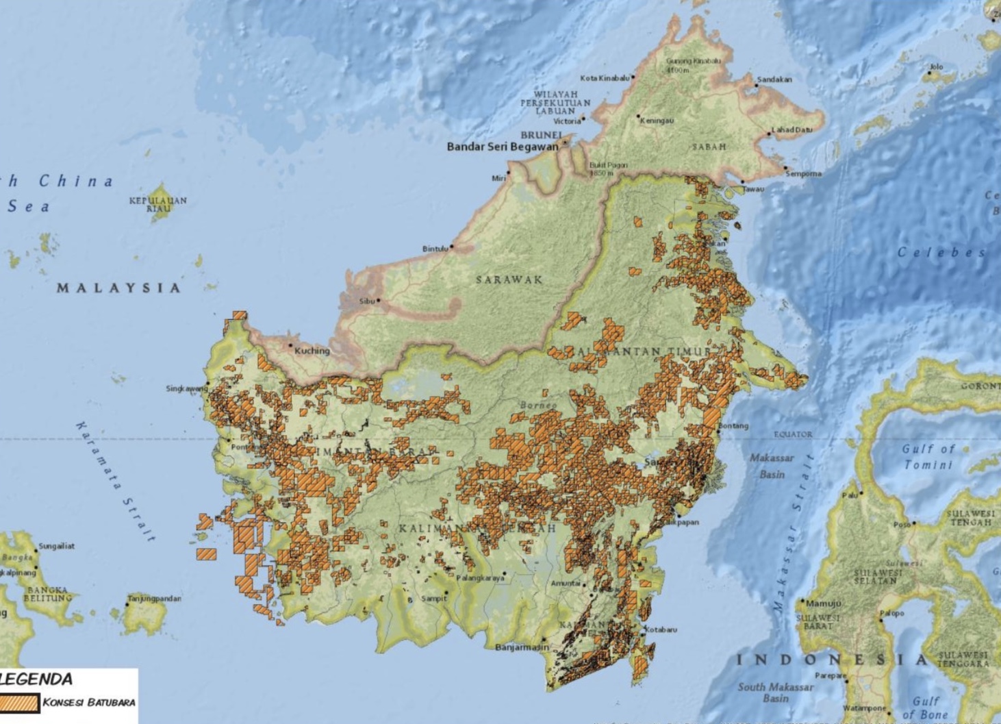 Sebaran izin pertambangan batu bara di Pulau Kalimantan. SUMBER: JARINGAN ADVOKASI TAMBANG