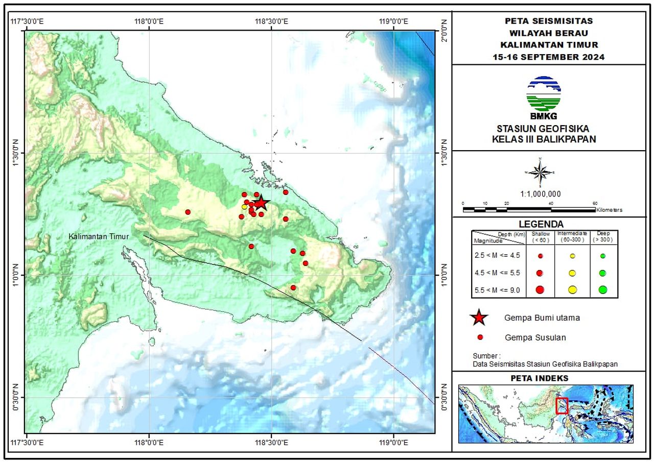 Lokasi Sesar Mangkalihat yang diduga menyebabkan gempa pada Ahad, 15 September 2024. FOTO: BMKG 