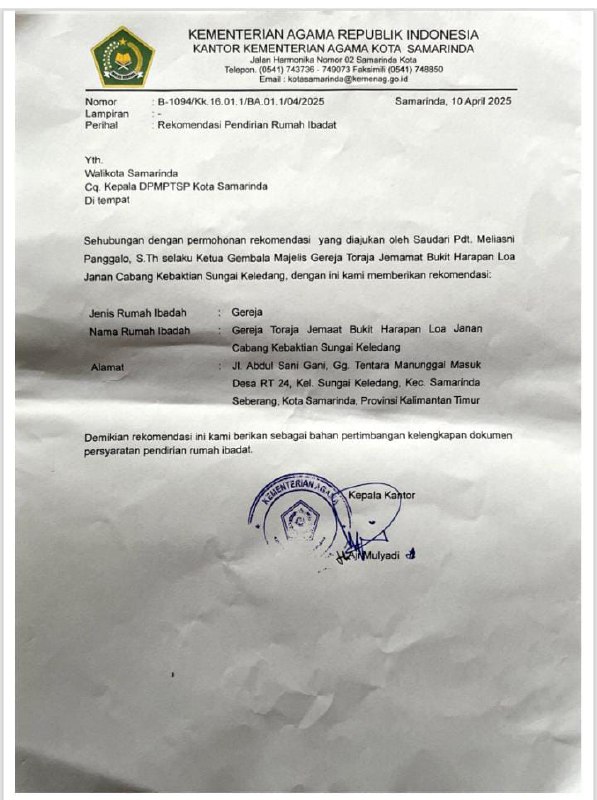 Dokumen rekomendasi Kantor Kemenag Samainda untuk pendirian Gereja Toraja di Sungai Keledang, Samarinda. FOTO: ISTIMEWA